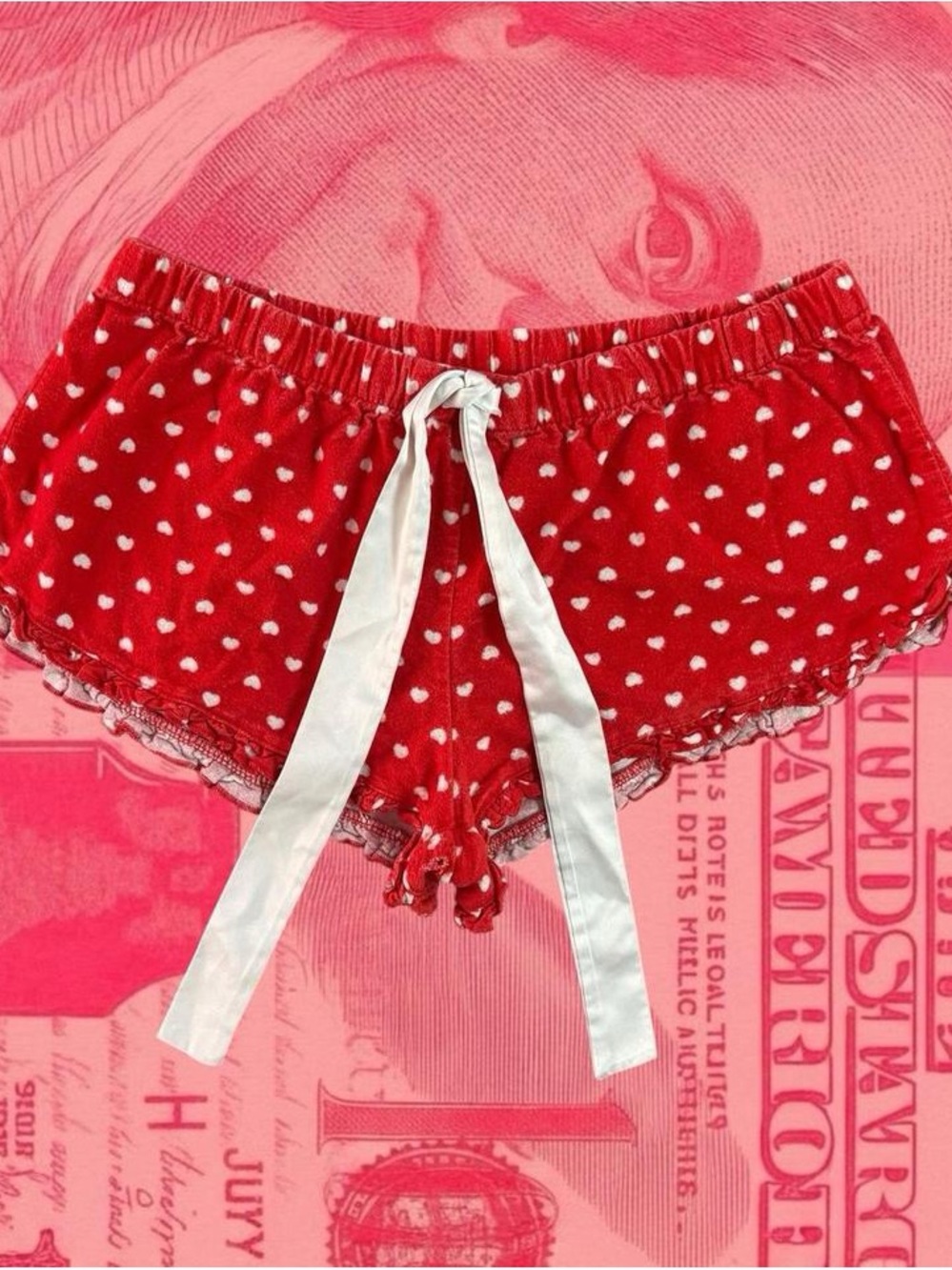 Forever 21 red heart print mini pajama shorts with white polka dots and lace